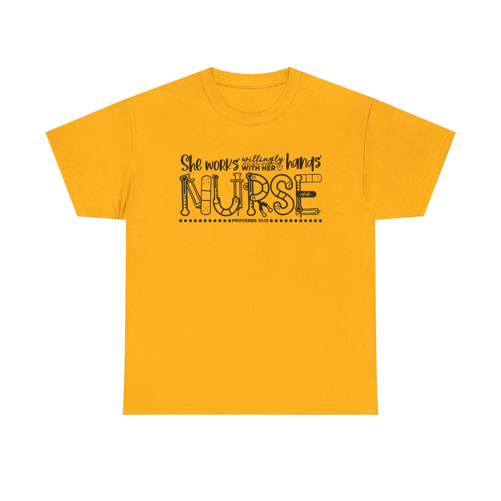 Nurse T-Shirt – “She Works With Her Hands” Hand-Drawn Typography Tee for Nurses