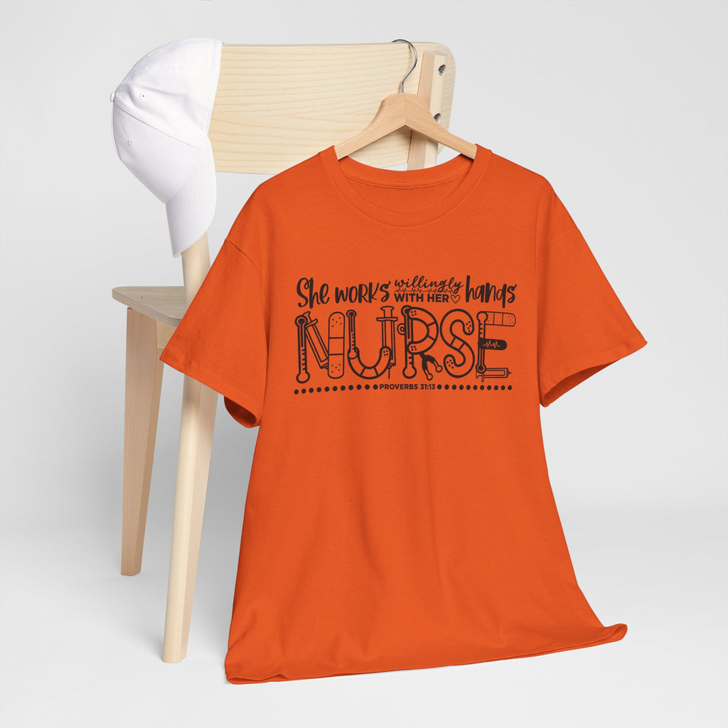 Nurse T-Shirt – “She Works With Her Hands” Hand-Drawn Typography Tee for Nurses