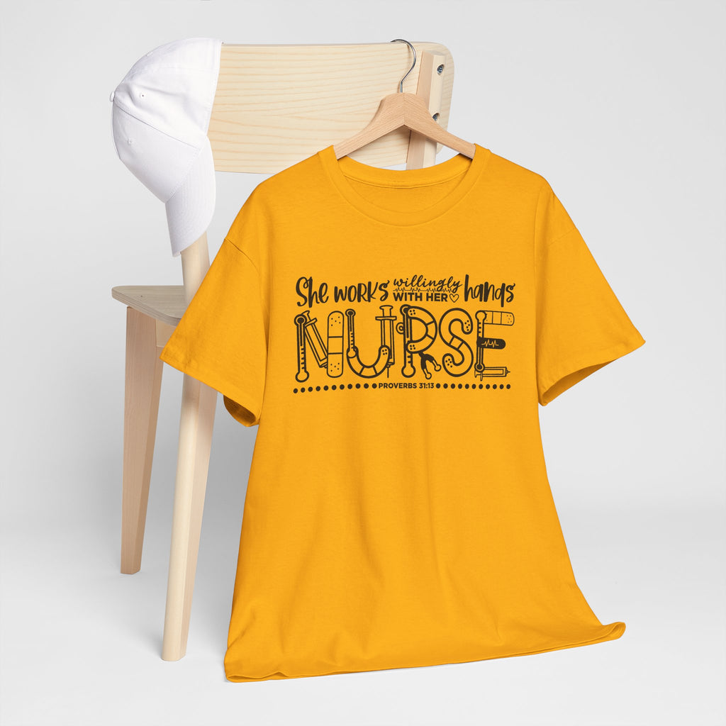 Nurse T-Shirt – “She Works With Her Hands” Hand-Drawn Typography Tee for Nurses