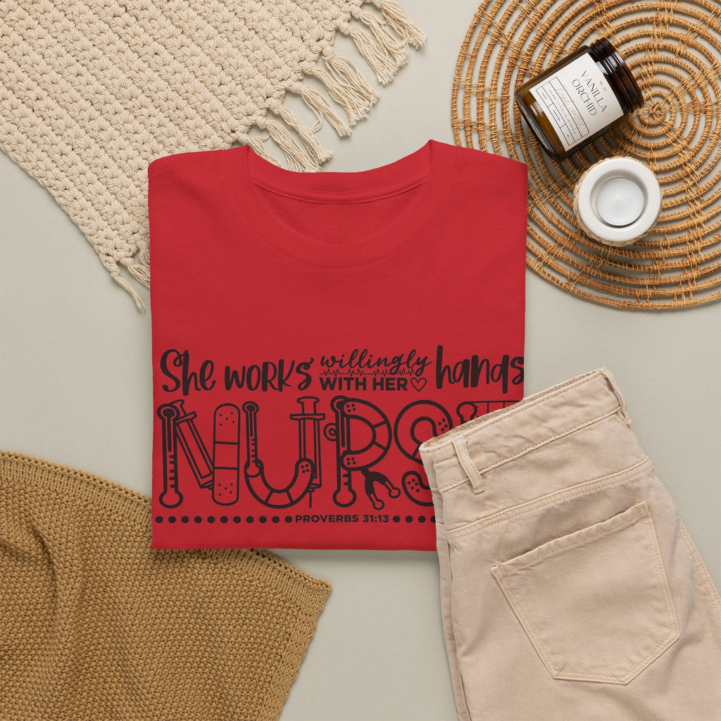 Nurse T-Shirt – “She Works With Her Hands” Hand-Drawn Typography Tee for Nurses
