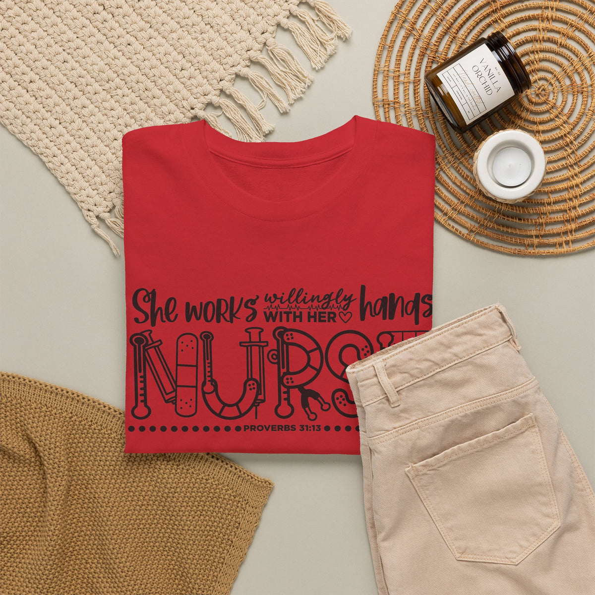 Nurse T-Shirt – “She Works With Her Hands” Hand-Drawn Typography Tee for Nurses