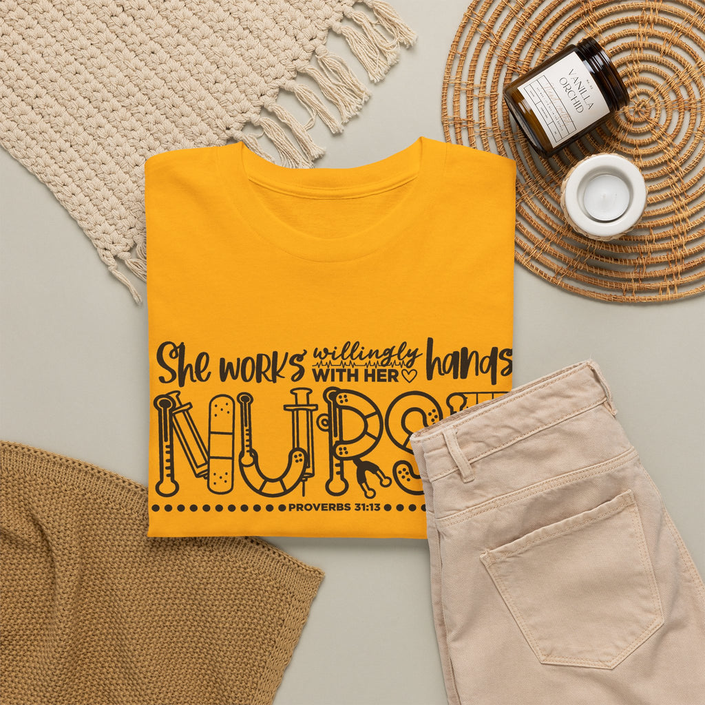 Nurse T-Shirt – “She Works With Her Hands” Hand-Drawn Typography Tee for Nurses