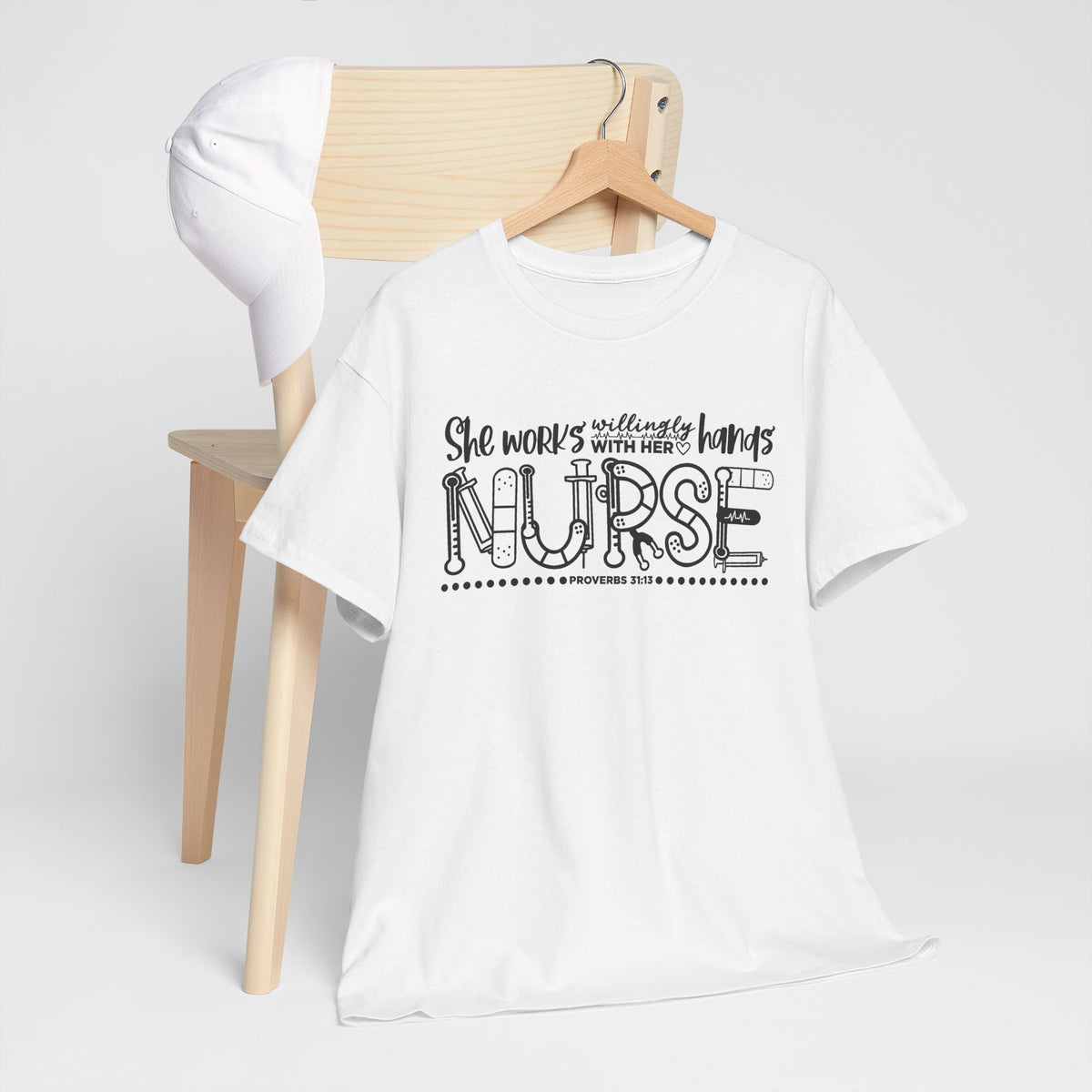 Nurse T-Shirt – “She Works With Her Hands” Hand-Drawn Typography Tee for Nurses