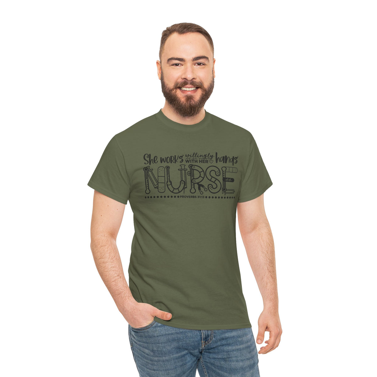 Nurse T-Shirt – “She Works With Her Hands” Hand-Drawn Typography Tee for Nurses