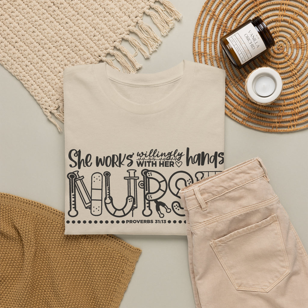 Nurse T-Shirt – “She Works With Her Hands” Hand-Drawn Typography Tee for Nurses