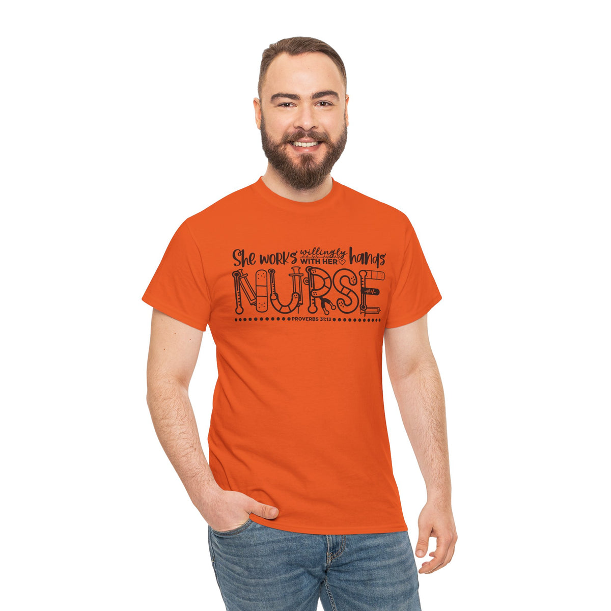 Nurse T-Shirt – “She Works With Her Hands” Hand-Drawn Typography Tee for Nurses