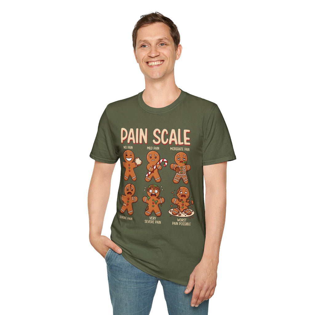 Pain Scale Gingerbread T-Shirt – Funny Holiday Pain Meter Tee for Bakers & Christmas Lovers