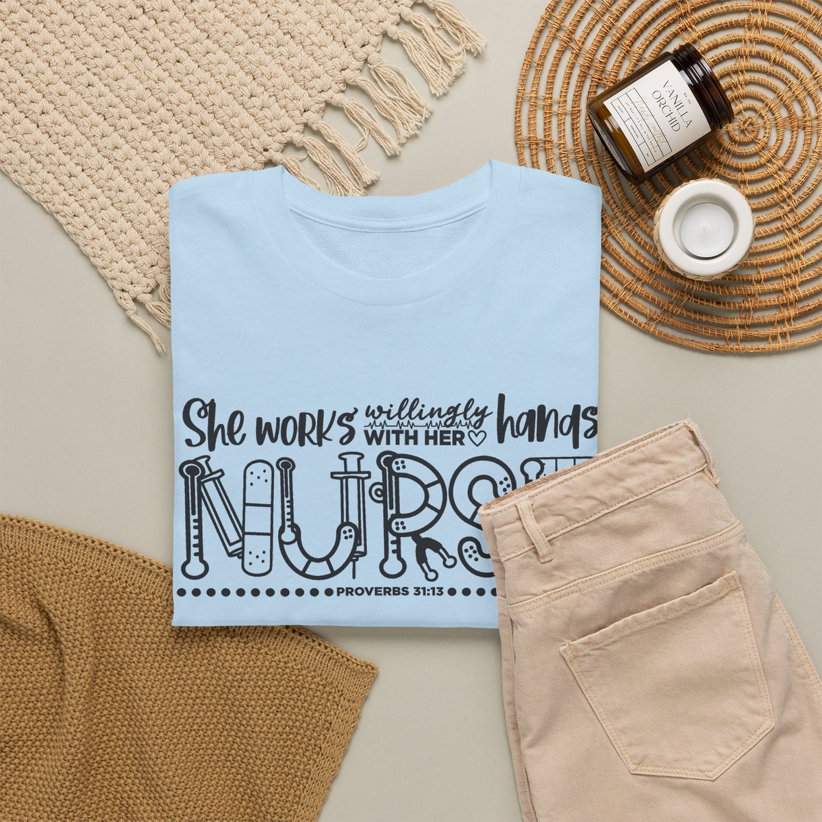 Nurse T-Shirt – “She Works With Her Hands” Hand-Drawn Typography Tee for Nurses