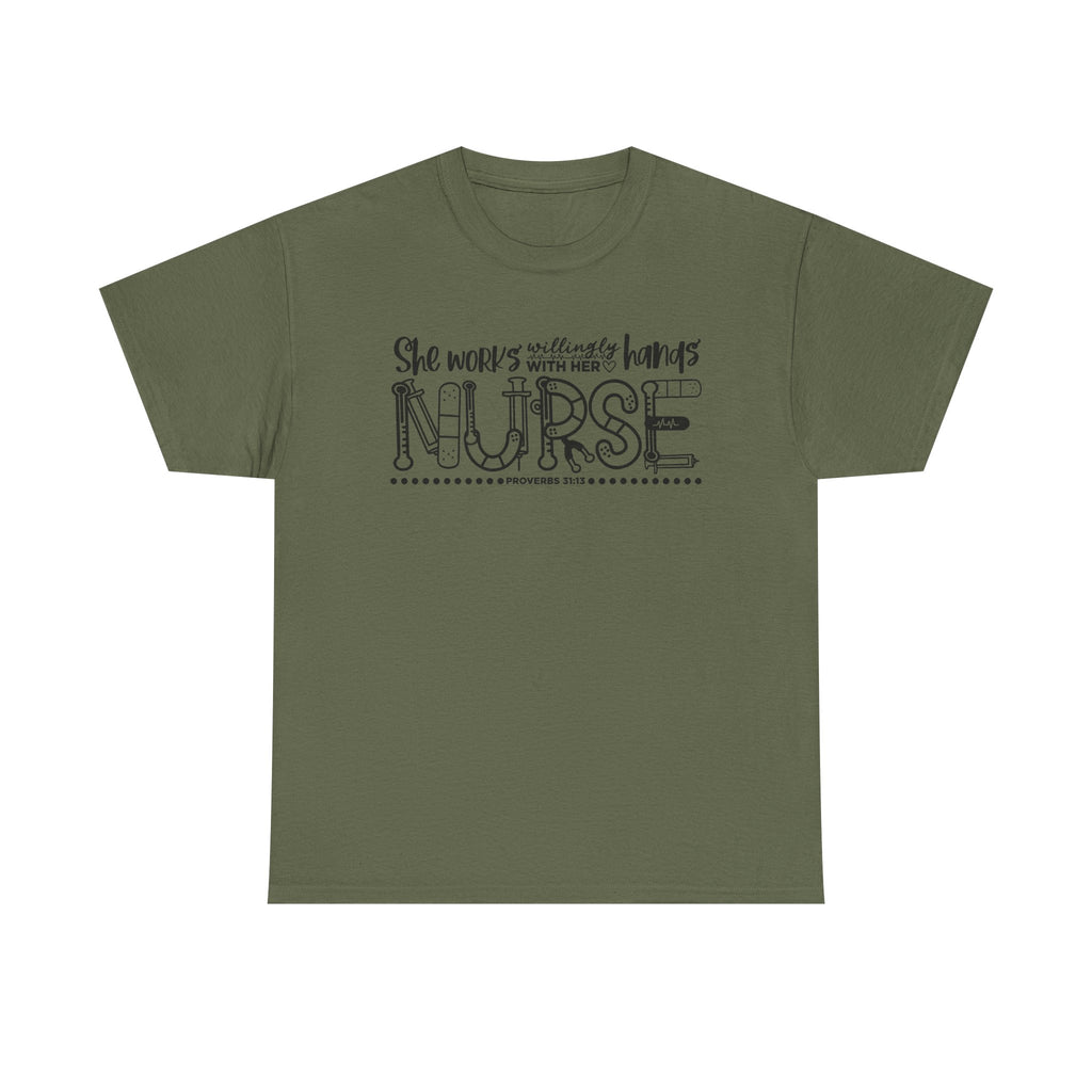 Nurse T-Shirt – “She Works With Her Hands” Hand-Drawn Typography Tee for Nurses