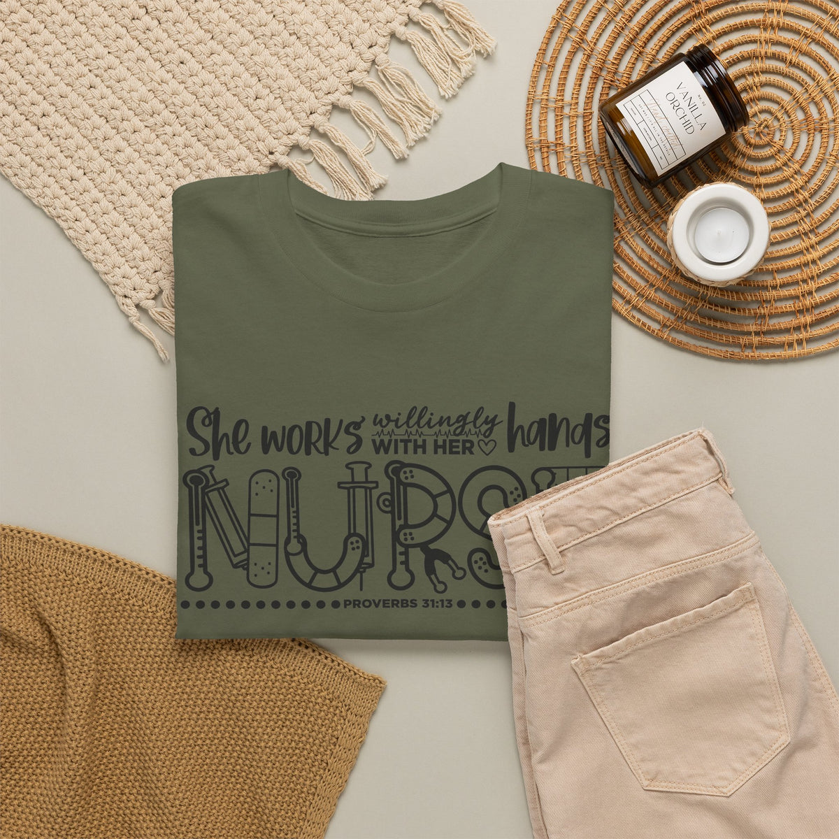 Nurse T-Shirt – “She Works With Her Hands” Hand-Drawn Typography Tee for Nurses