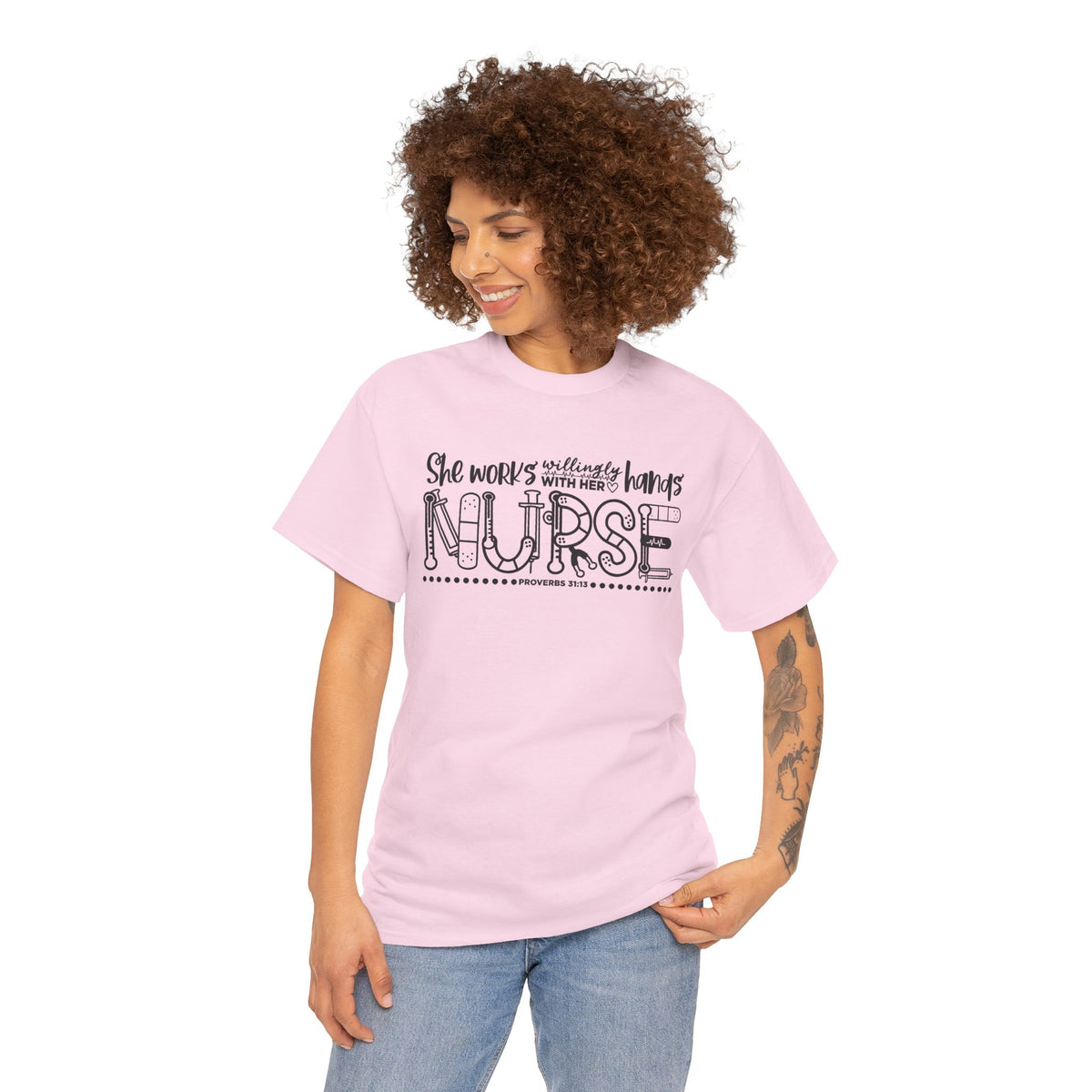 Nurse T-Shirt – “She Works With Her Hands” Hand-Drawn Typography Tee for Nurses