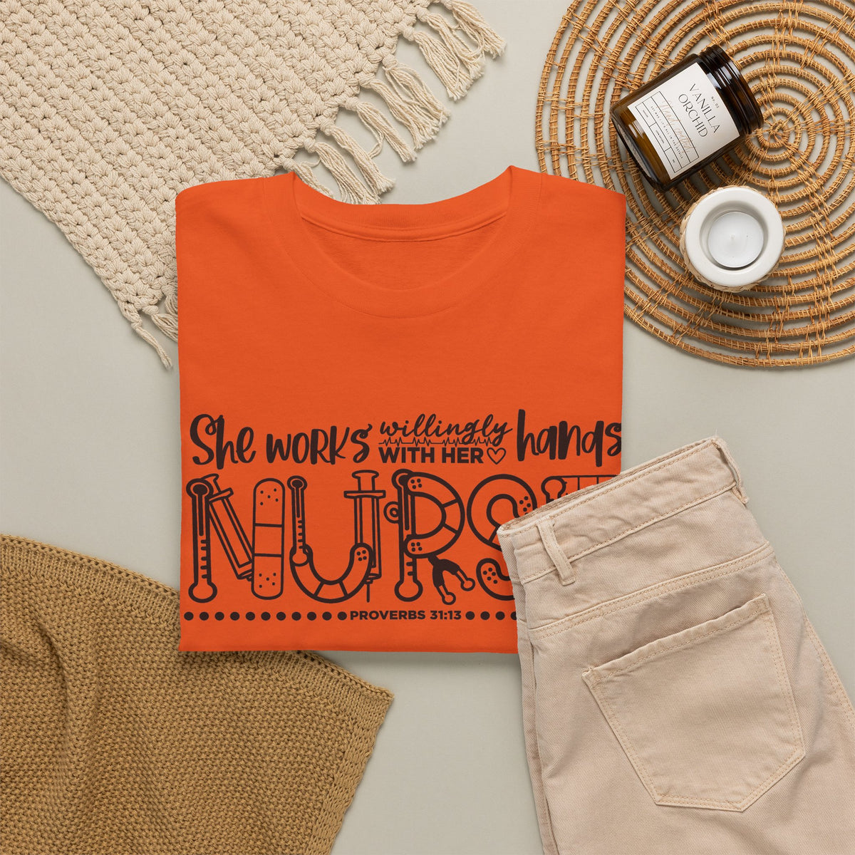 Nurse T-Shirt – “She Works With Her Hands” Hand-Drawn Typography Tee for Nurses