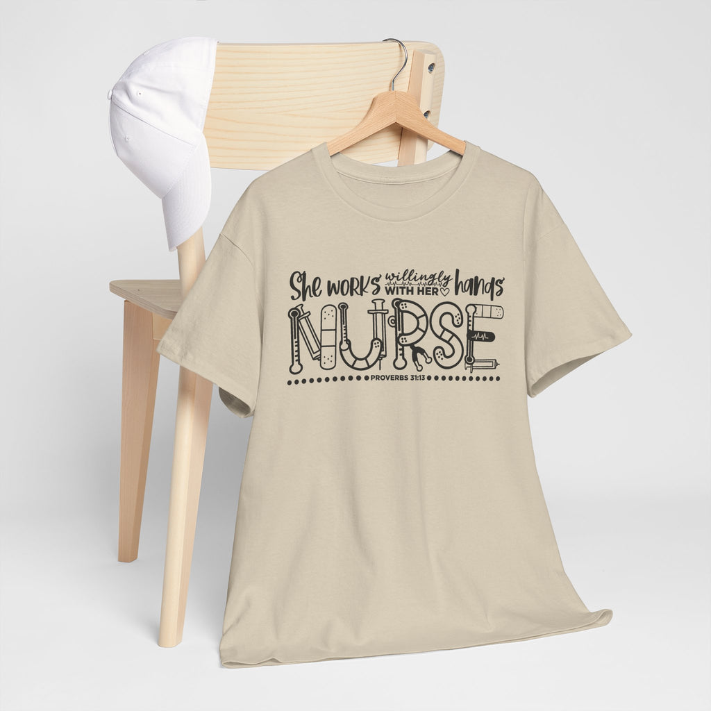 Nurse T-Shirt – “She Works With Her Hands” Hand-Drawn Typography Tee for Nurses