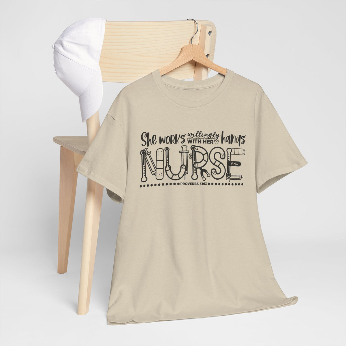 Nurse T-Shirt – “She Works With Her Hands” Hand-Drawn Typography Tee for Nurses