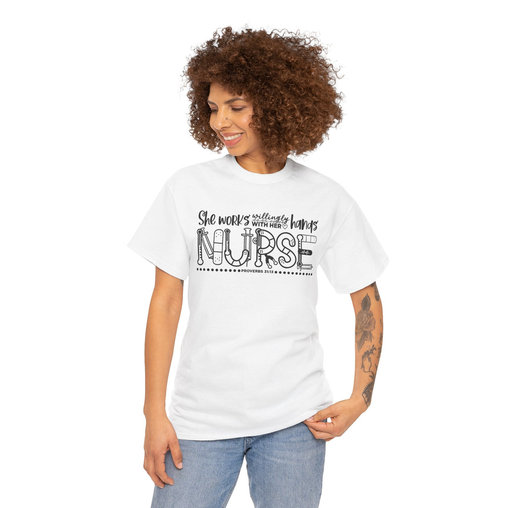 Nurse T-Shirt – “She Works With Her Hands” Hand-Drawn Typography Tee for Nurses