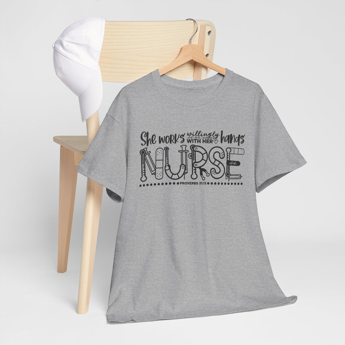 Nurse T-Shirt – “She Works With Her Hands” Hand-Drawn Typography Tee for Nurses