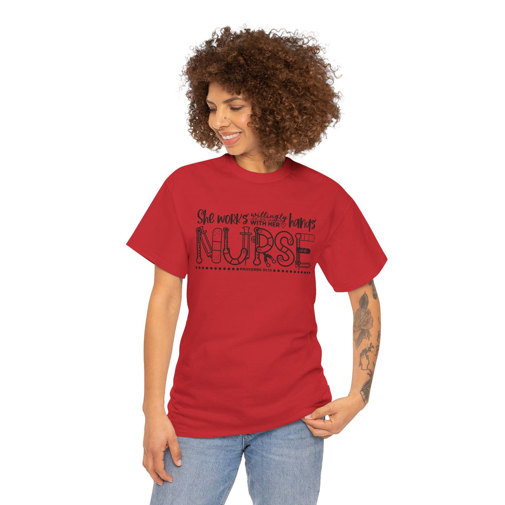 Nurse T-Shirt – “She Works With Her Hands” Hand-Drawn Typography Tee for Nurses