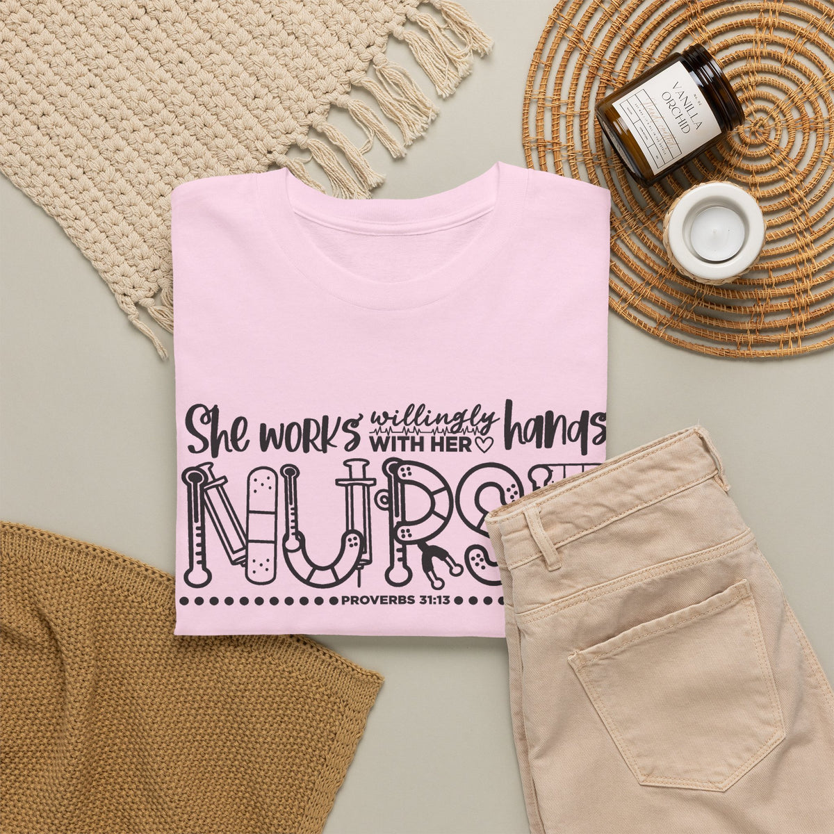 Nurse T-Shirt – “She Works With Her Hands” Hand-Drawn Typography Tee for Nurses