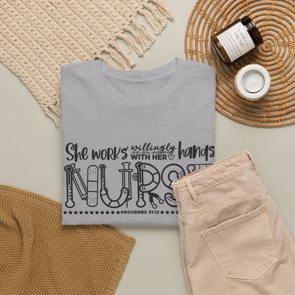 Nurse T-Shirt – “She Works With Her Hands” Hand-Drawn Typography Tee for Nurses