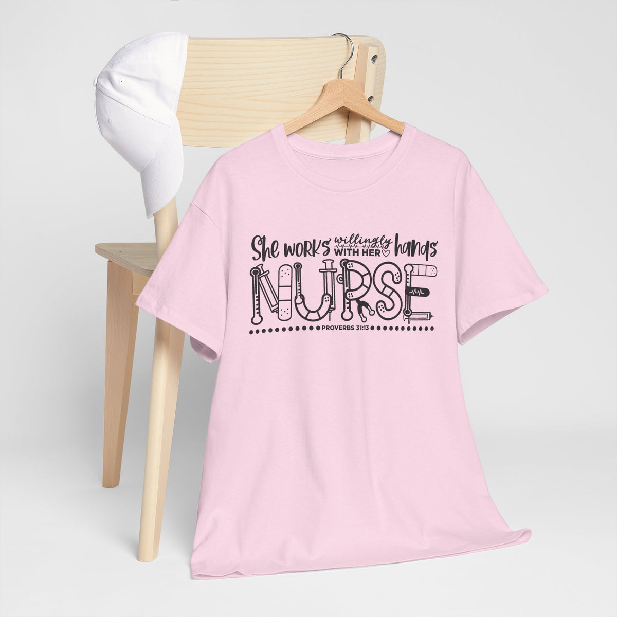 Nurse T-Shirt – “She Works With Her Hands” Hand-Drawn Typography Tee for Nurses
