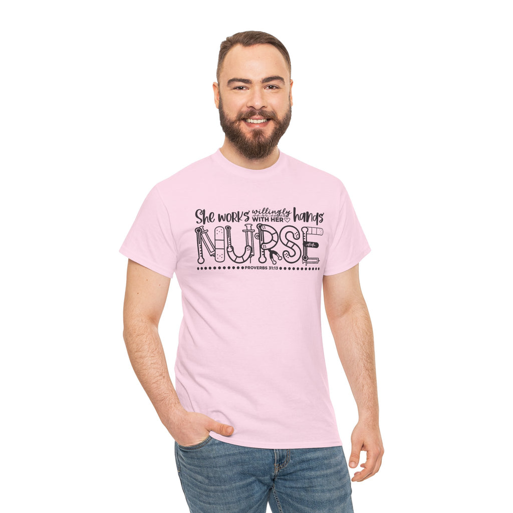 Nurse T-Shirt – “She Works With Her Hands” Hand-Drawn Typography Tee for Nurses