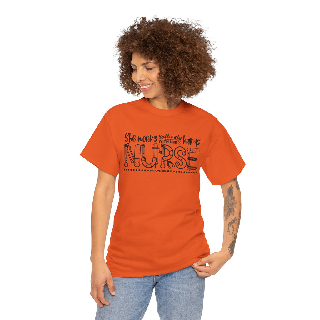 Nurse T-Shirt – “She Works With Her Hands” Hand-Drawn Typography Tee for Nurses