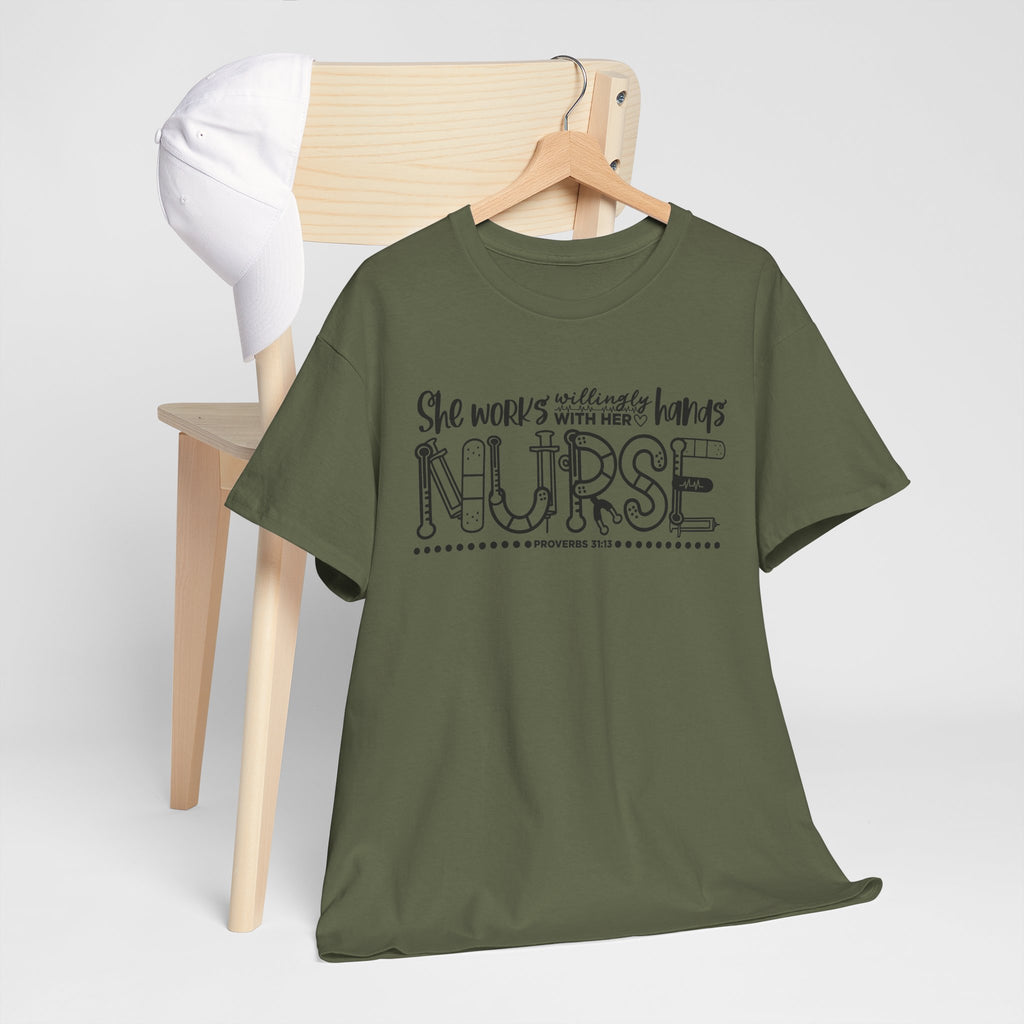 Nurse T-Shirt – “She Works With Her Hands” Hand-Drawn Typography Tee for Nurses