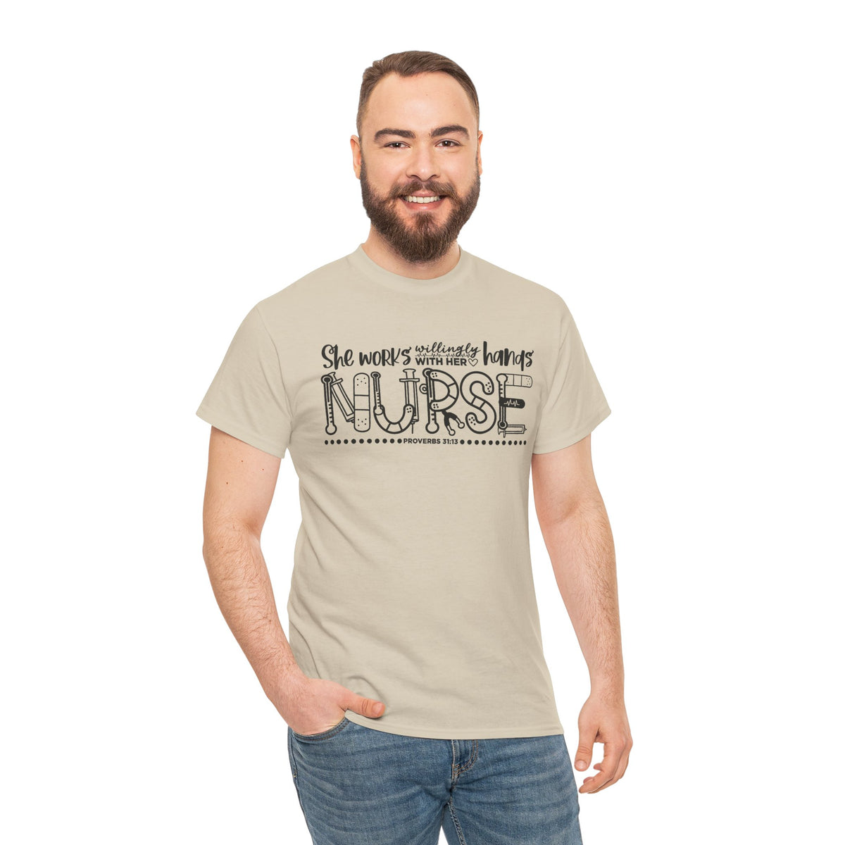 Nurse T-Shirt – “She Works With Her Hands” Hand-Drawn Typography Tee for Nurses